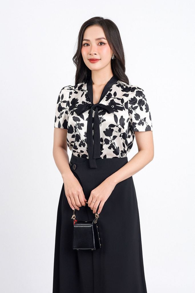 FJD31158 - Chân váy công sở vải tuytsi dáng xoè hai lớp lót habutai thân váy xếp ly một bên eo phối khuy tạo kiểu khoá thân sau - PANTIO