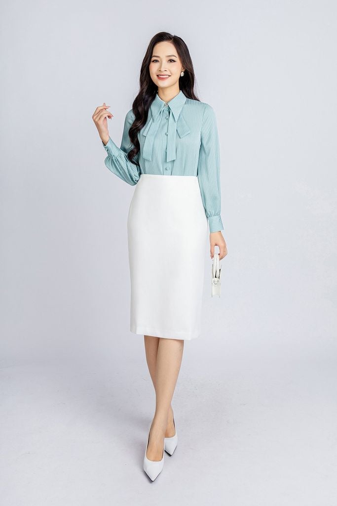 FAS33741 - Áo sơ mi công sở vải lụa dáng suông cổ đức phối vạt tạo kiểu - PANTIO