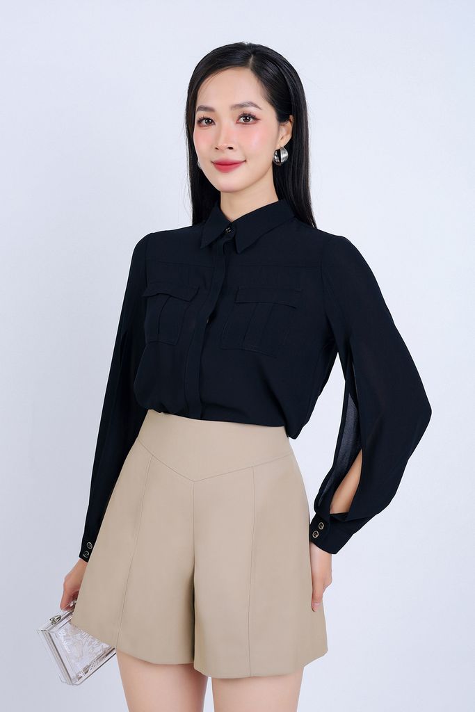 FAS33742 - Áo sơ mi công sở vải tằm dáng suông cổ đức tay áo xẻ tạo kiểu có túi áo ngực trang trí - PANTIO