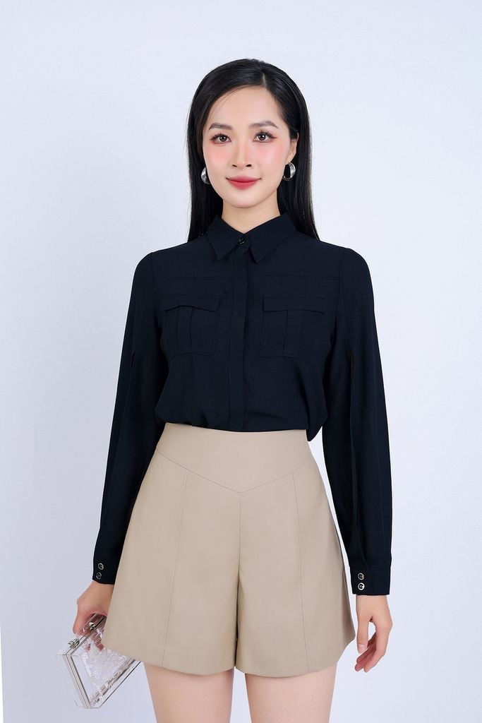 FAS33742 - Áo sơ mi công sở vải tằm dáng suông cổ đức tay áo xẻ tạo kiểu có túi áo ngực trang trí - PANTIO