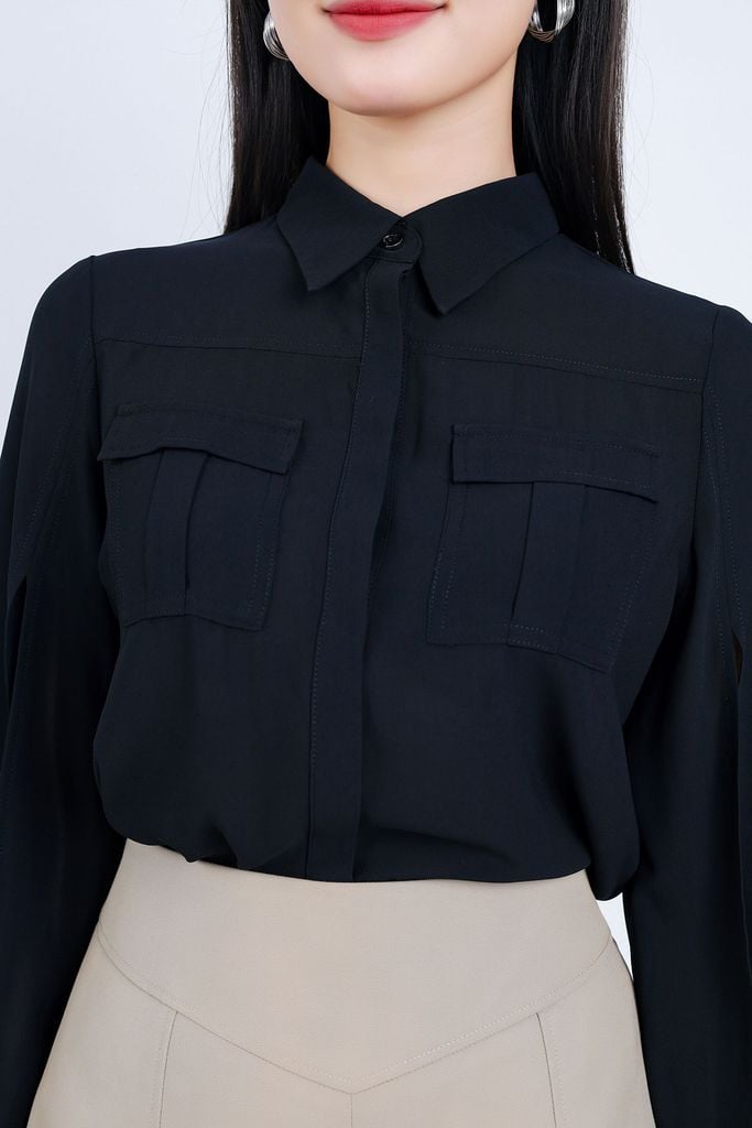 FAS33742 - Áo sơ mi công sở vải tằm dáng suông cổ đức tay áo xẻ tạo kiểu có túi áo ngực trang trí - PANTIO