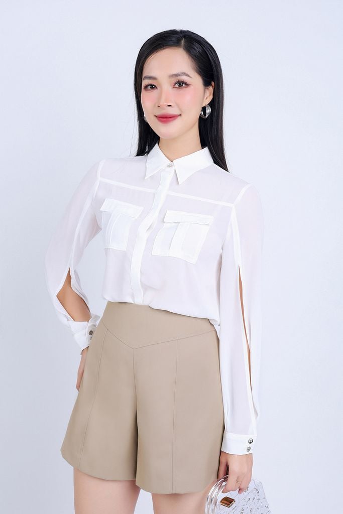 FAS33742 - Áo sơ mi công sở vải tằm dáng suông cổ đức tay áo xẻ tạo kiểu có túi áo ngực trang trí - PANTIO