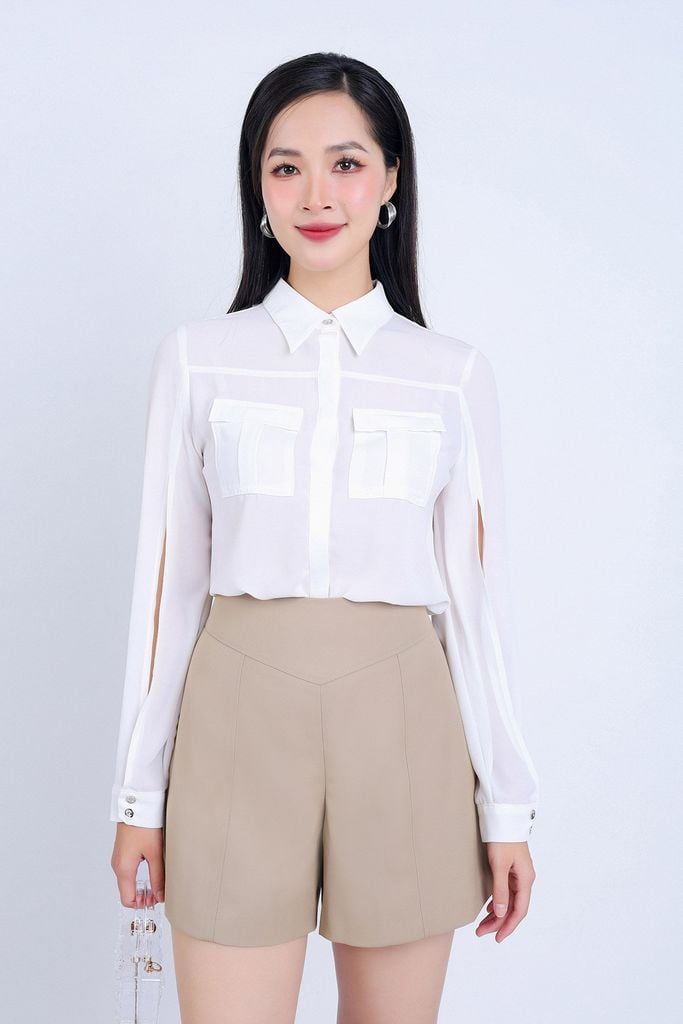 FAS33742 - Áo sơ mi công sở vải tằm dáng suông cổ đức tay áo xẻ tạo kiểu có túi áo ngực trang trí - PANTIO