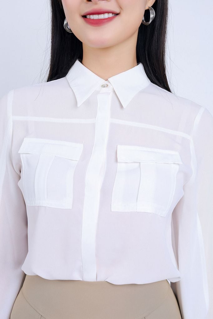 FAS33742 - Áo sơ mi công sở vải tằm dáng suông cổ đức tay áo xẻ tạo kiểu có túi áo ngực trang trí - PANTIO