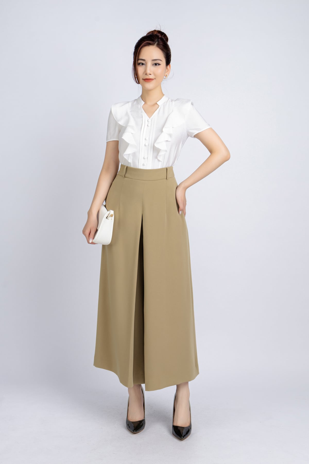 FQL5498 - Quần công sở vải tuytsi dáng suông ống rộng phối ly bong giả váy khoá thân sau - PANTIO