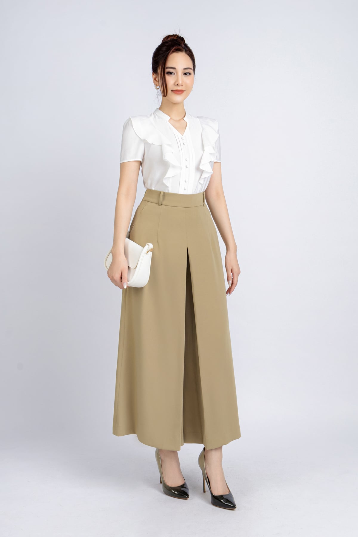 FQL5498 - Quần công sở vải tuytsi dáng suông ống rộng phối ly bong giả váy khoá thân sau - PANTIO