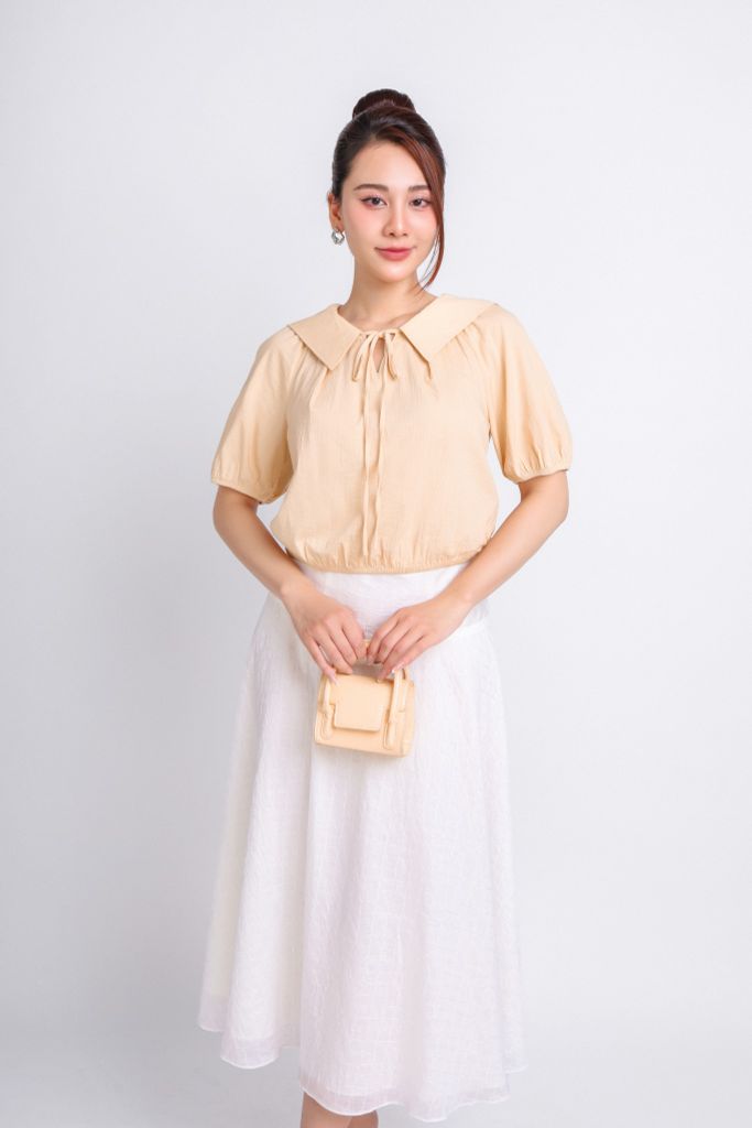 FAS33746 - Áo kiểu thô đũi dáng croptop cổ kiểu phối dây nơ gấu áo bo chun - PANTIO