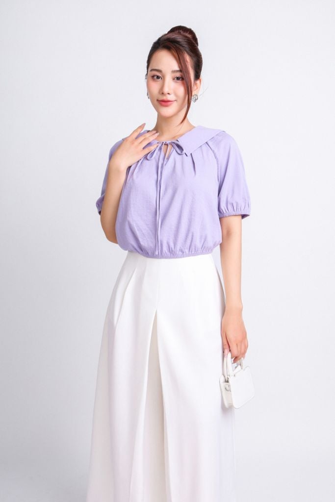 FAS33746 - Áo kiểu thô đũi dáng croptop cổ kiểu phối dây nơ gấu áo bo chun - PANTIO