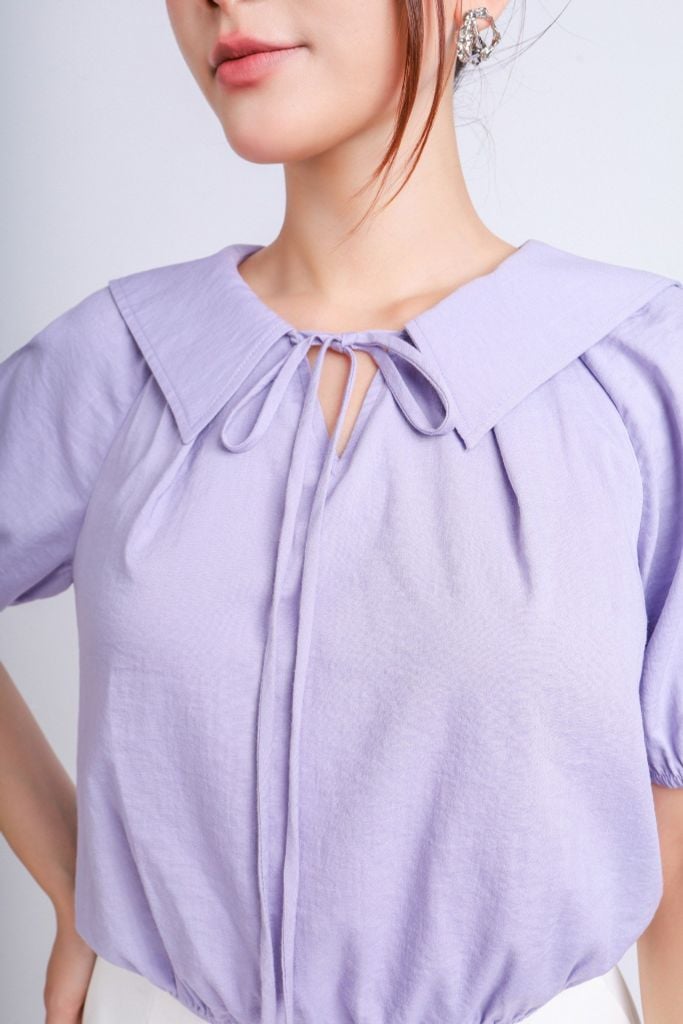FAS33746 - Áo kiểu thô đũi dáng croptop cổ kiểu phối dây nơ gấu áo bo chun - PANTIO