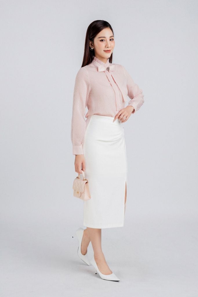 FAS33748 - Áo sơ mi công sở vải tơ kẻ sọc dáng suông cổ xếp ly có nơ đính áo tạo kiểu - PANTIO