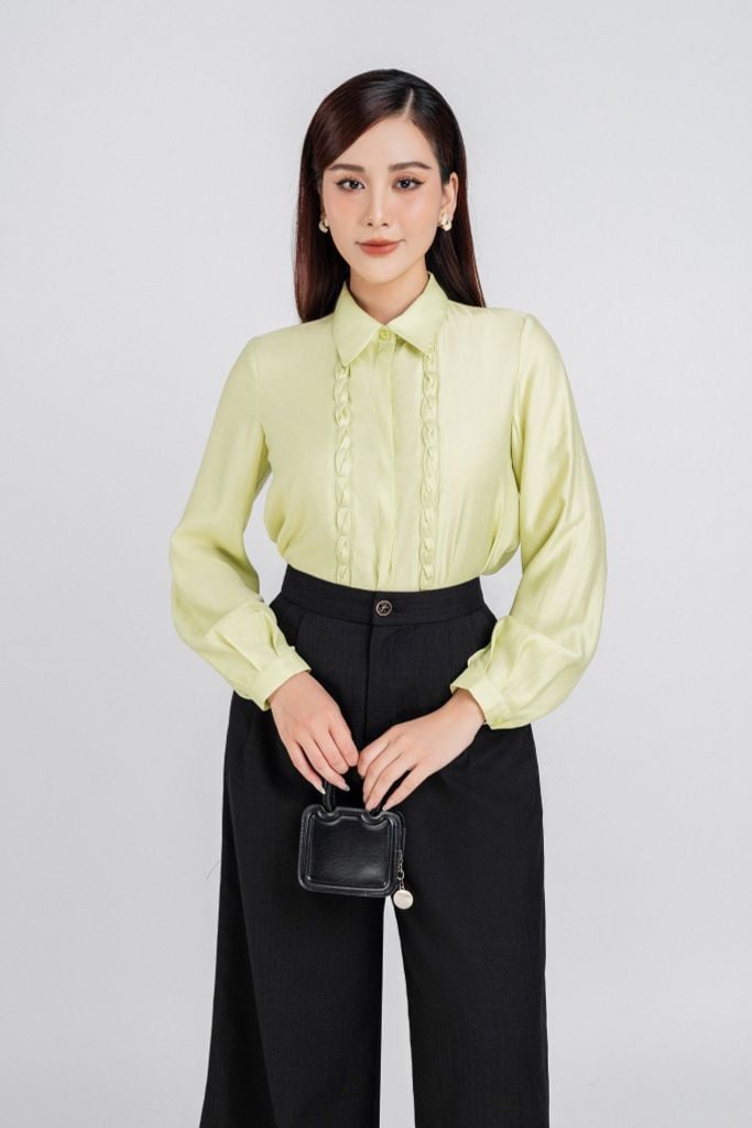 FQD51139 - Quần công sở vải thô đũi dáng suông ống rộng xẻ gấu diễu chỉ tạo kiểu - PANTIO