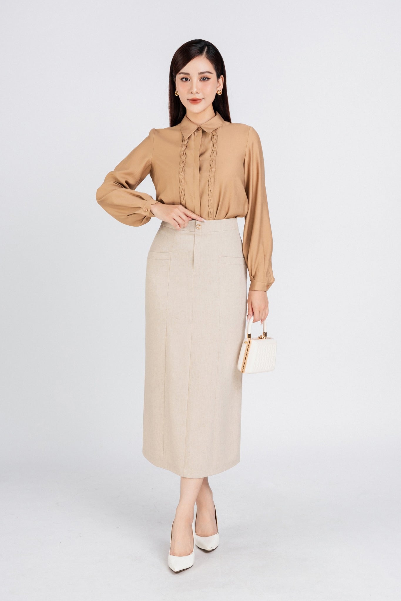 FJD31151 - Chân váy công sở vải thô dáng suông lót 1 lớp habutai phối khuy trang trí khóa thân sau - PANTIO