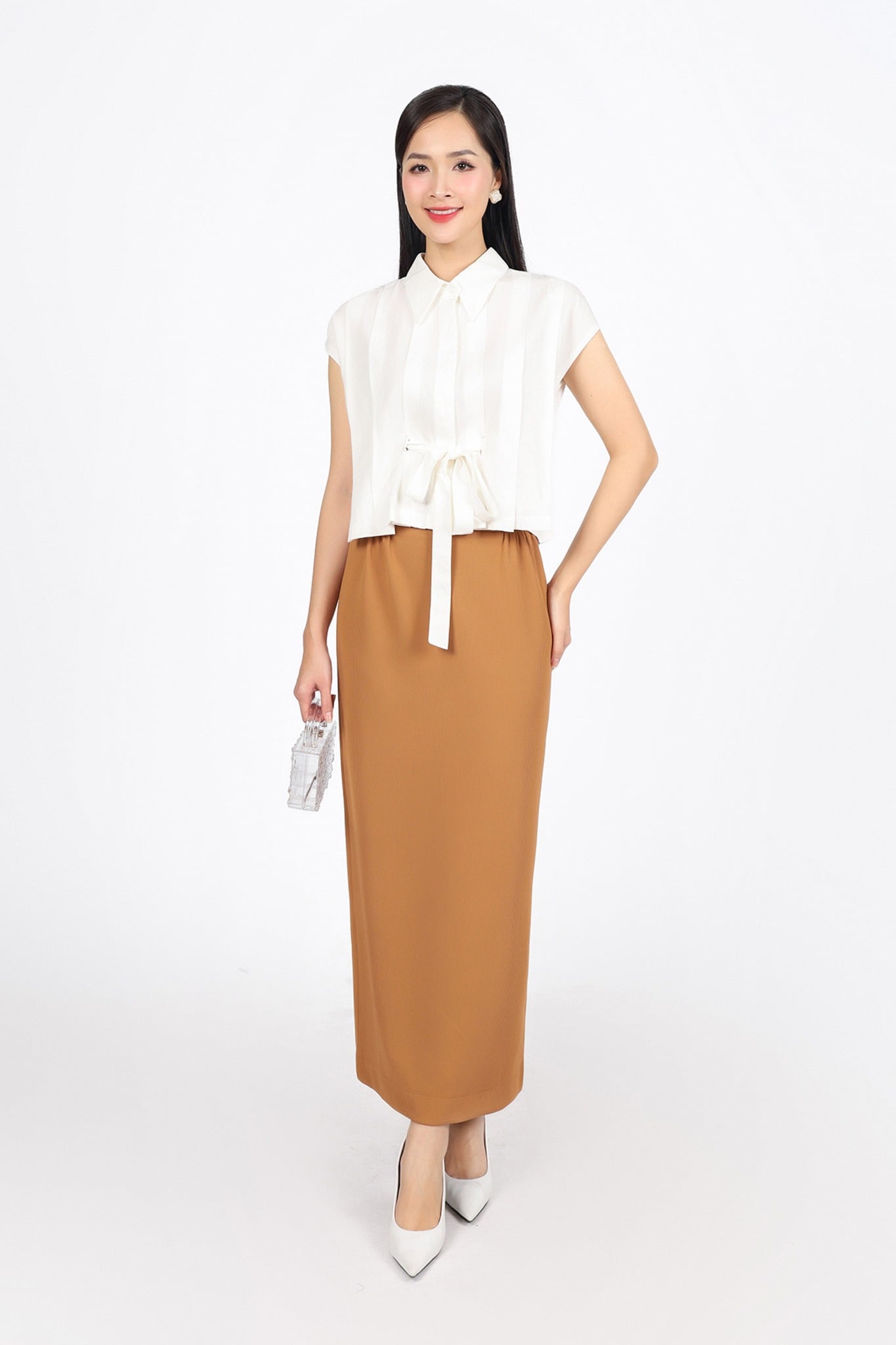 BJD93245 - Chân váy công sở vải len dáng suông dài eo phối ly bung tạo kiểu khoá thân sau - PANTIO