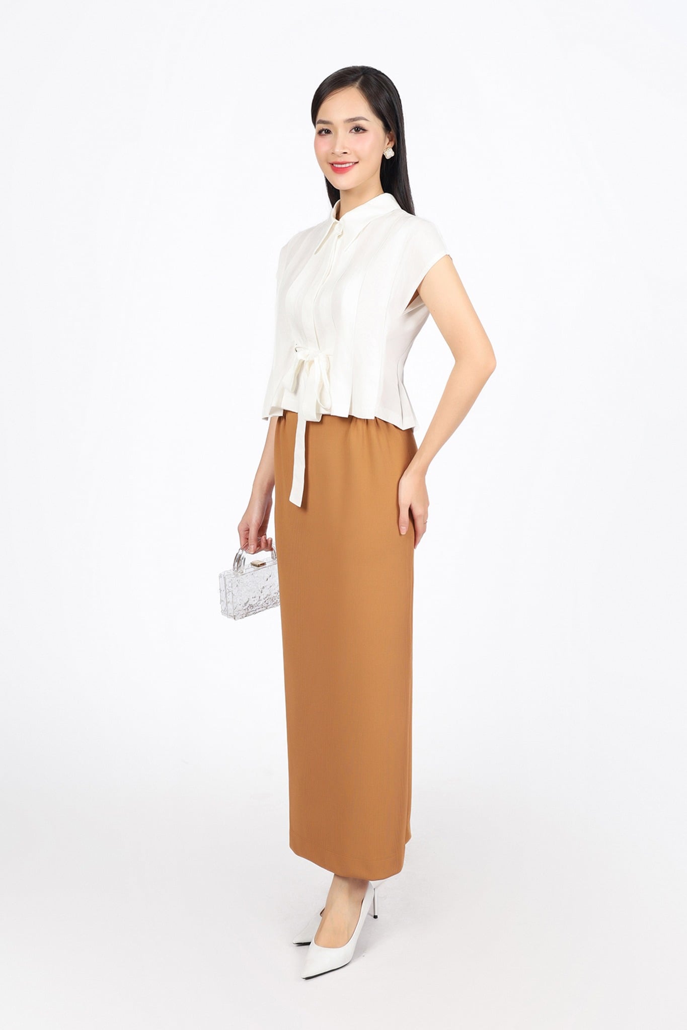 BJD93245 - Chân váy công sở vải len dáng suông dài eo phối ly bung tạo kiểu khoá thân sau - PANTIO