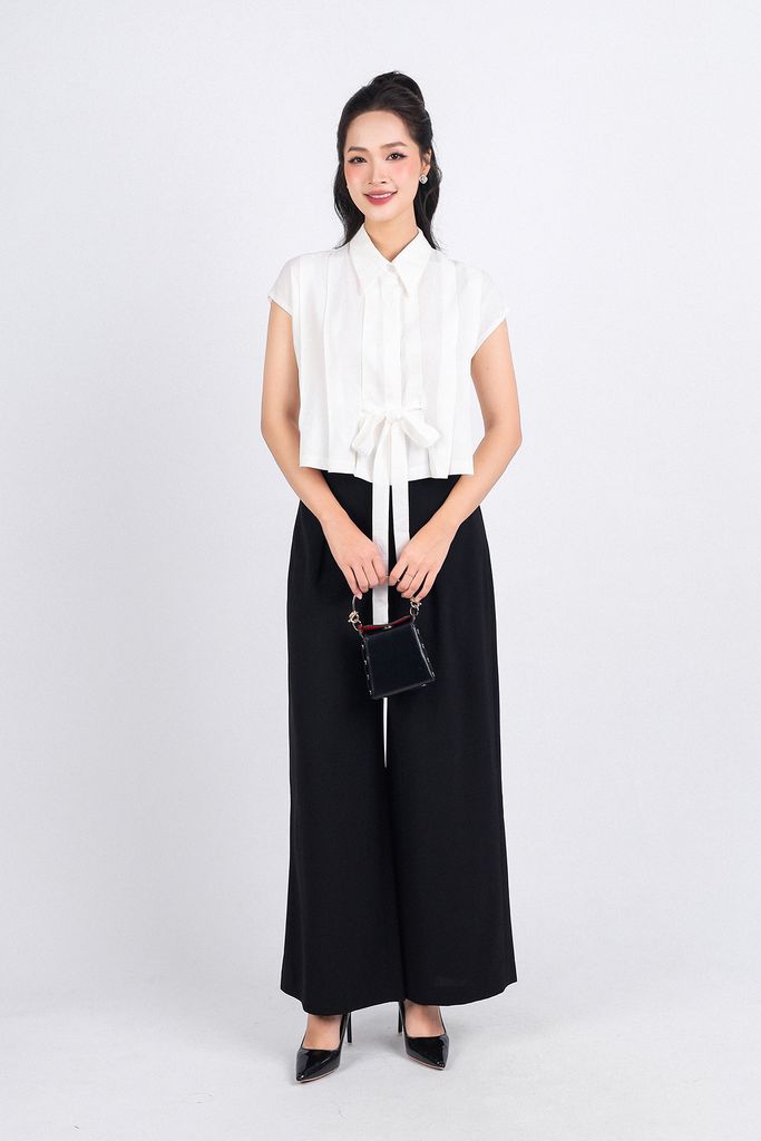 FAS33755 - Áo sơ mi kiểu công sở vải thô dáng lửng cổ đức vai chờm thân áo xếp ly phối dây thắt eo tạo kiểu - PANTIO