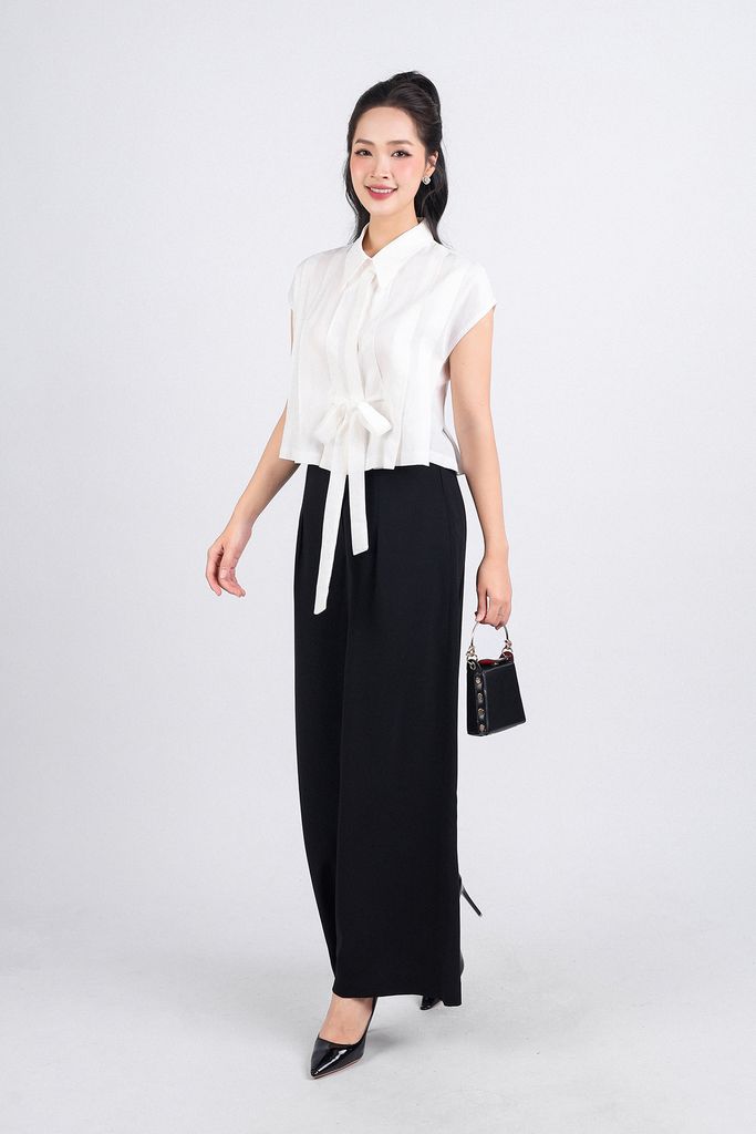 FAS33755 - Áo sơ mi kiểu công sở vải thô dáng lửng cổ đức vai chờm thân áo xếp ly phối dây thắt eo tạo kiểu - PANTIO