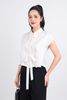 FAS33755 - Áo sơ mi kiểu công sở vải thô dáng lửng cổ đức vai chờm thân áo xếp ly phối dây thắt eo tạo kiểu - PANTIO