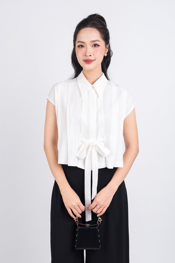 FAS33755 - Áo sơ mi kiểu công sở vải thô dáng lửng cổ đức vai chờm thân áo xếp ly phối dây thắt eo tạo kiểu - PANTIO