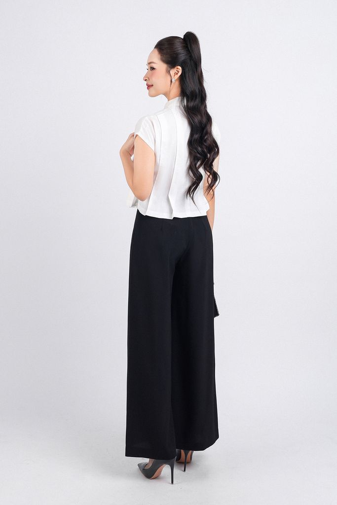 FAS33755 - Áo sơ mi kiểu công sở vải thô dáng lửng cổ đức vai chờm thân áo xếp ly phối dây thắt eo tạo kiểu - PANTIO