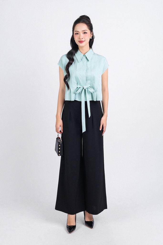 FAS33755 - Áo sơ mi kiểu công sở vải thô dáng lửng cổ đức vai chờm thân áo xếp ly phối dây thắt eo tạo kiểu - PANTIO