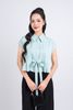 FAS33755 - Áo sơ mi kiểu công sở vải thô dáng lửng cổ đức vai chờm thân áo xếp ly phối dây thắt eo tạo kiểu - PANTIO