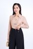 FAS33763 - Áo sơ mi công sở vải thô mỏng dáng suông cổ đức xẻ chữ V sâu thân áo đính phụ kiện kim loại trang trí - PANTIO