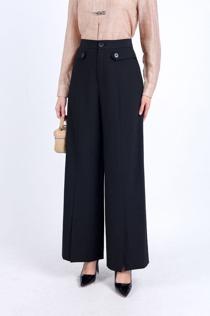 FQD31120 - Quần công sở vải tuytsi dáng suông dài eo đính khuy trang trí cài khoá thân trước - PANTIO