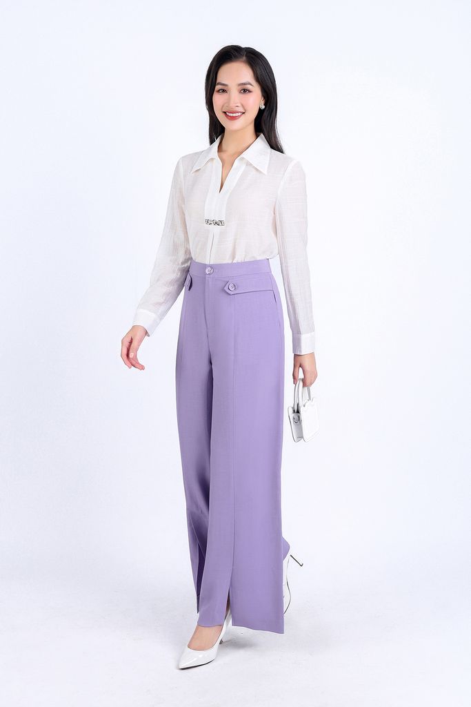 FQD31120 - Quần công sở vải tuytsi dáng suông dài eo đính khuy trang trí cài khoá thân trước - PANTIO
