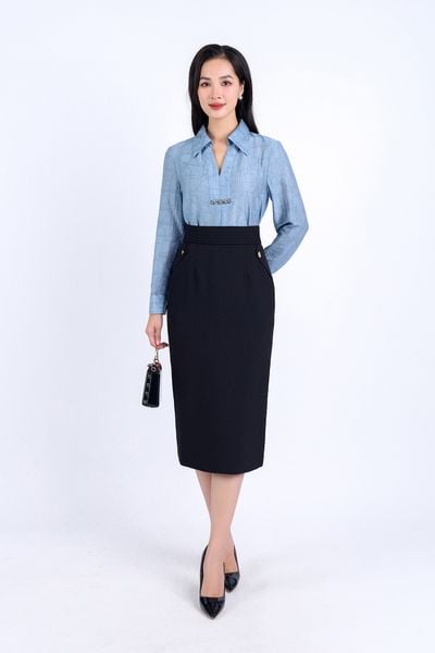 FJD31170 - Chân váy công sở vải tuyp xy mỏng hai lớp lót habutai dáng bút chì thân váy có túi tạo kiểu khoá thân sau - PANTIO