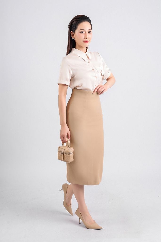 FJD51060 - Chân váy công sở vải thô nhung dáng bút chì cạp liền dài qua gối khóa thân sau - PANTIO