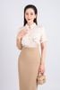 FAS33764 - Áo sơ mi công sở vải lụa bóng dáng suông ngắn tay cổ đức thân áo phối hoa lụa trang trí - PANTIO