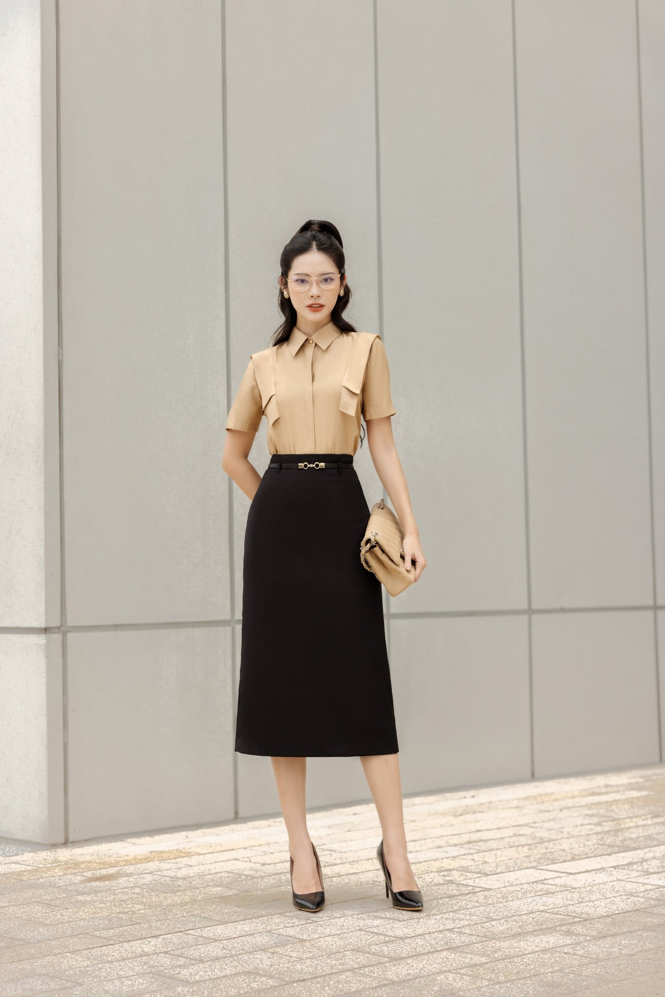 BJD13004 - Chân váy công sở vải thô dáng bút chì có lót vải habutai kèm thắt lưng tạo kiểu khoá thân sau - PANTIO