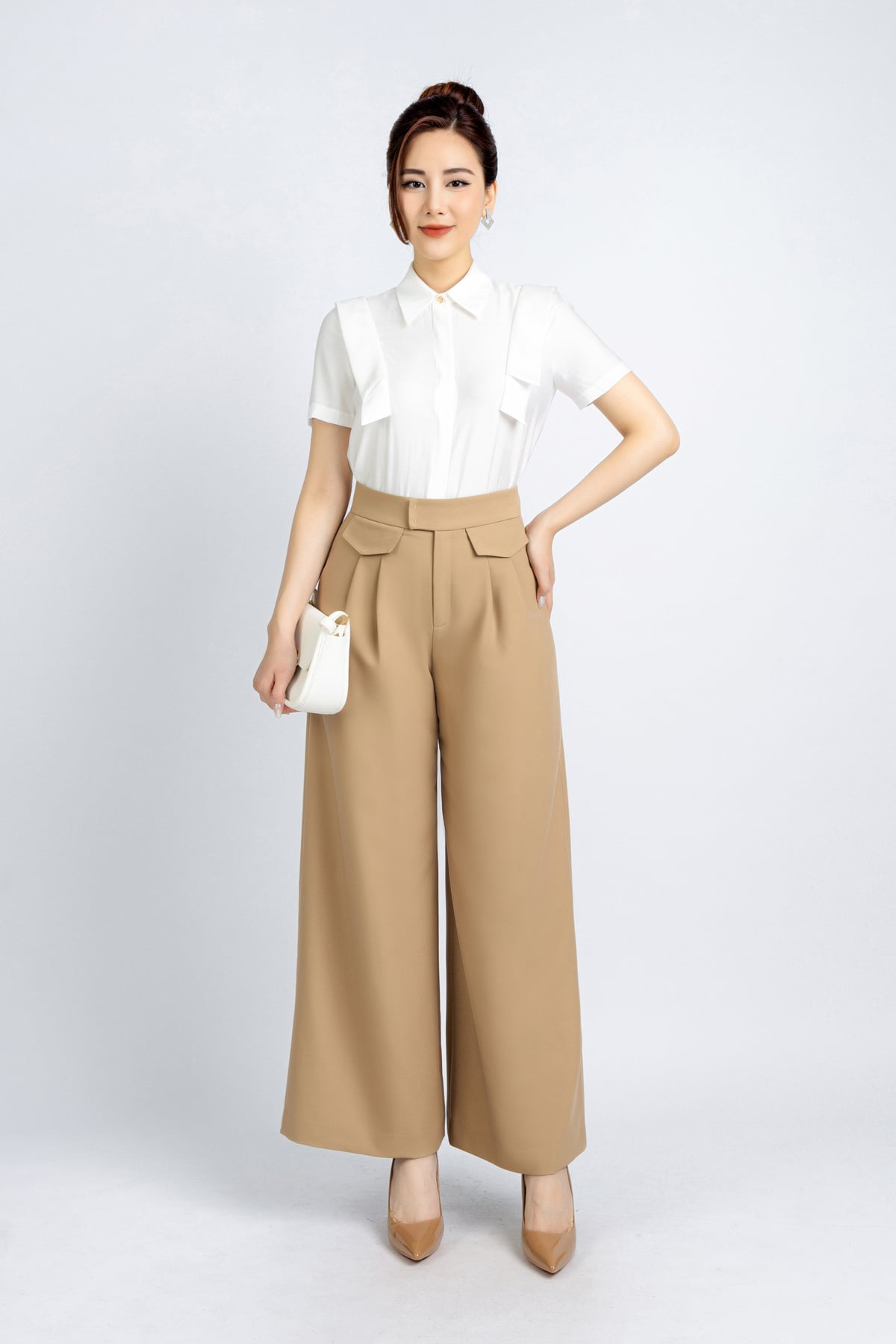 BQD33083 - Quần công sở vải tuytsi dáng suông ống rộng phối nắp túi trang trí - PANTIO