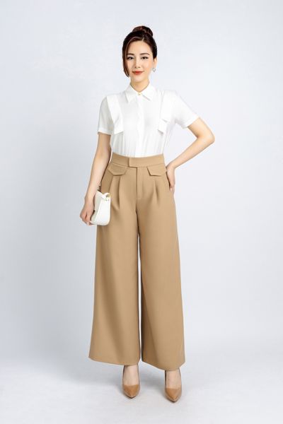 BQD33083 - Quần công sở vải tuytsi dáng suông ống rộng phối nắp túi trang trí - PANTIO