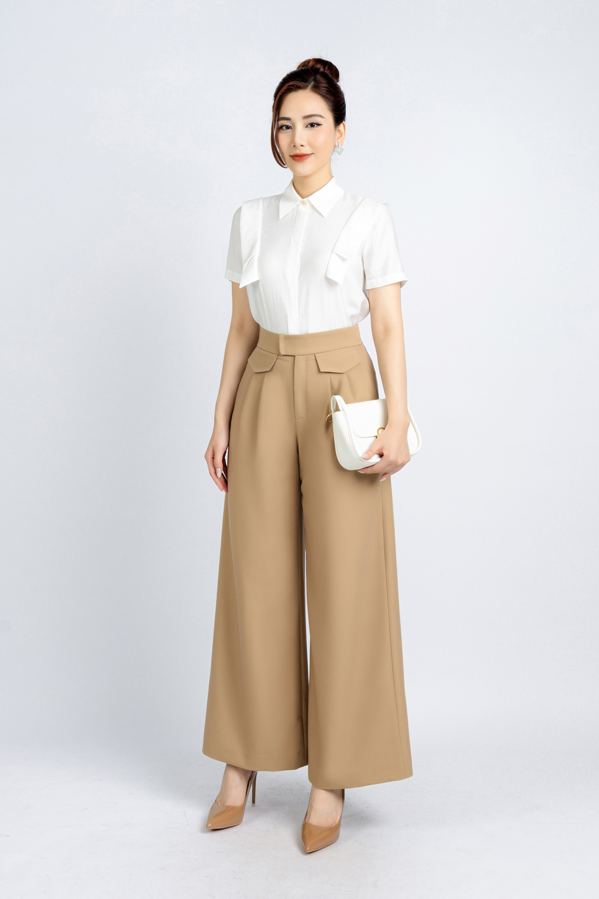 BQD33083 - Quần công sở vải tuytsi dáng suông ống rộng phối nắp túi trang trí - PANTIO