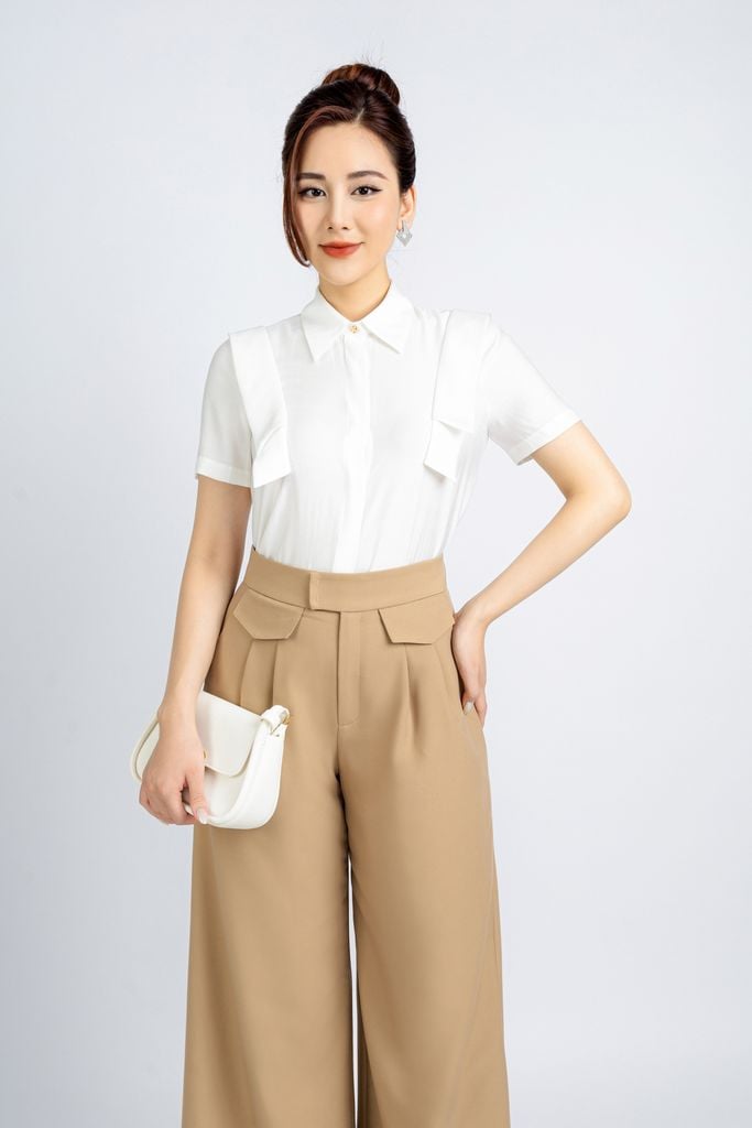 BQD33083 - Quần công sở vải tuytsi dáng suông ống rộng phối nắp túi trang trí - PANTIO