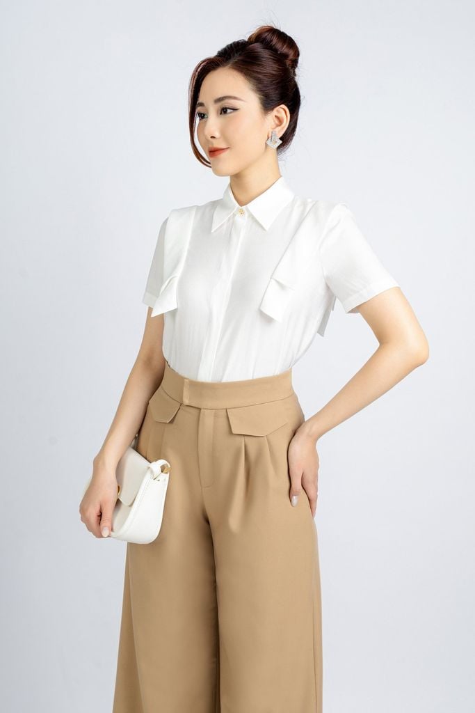 BQD33083 - Quần công sở vải tuytsi dáng suông ống rộng phối nắp túi trang trí - PANTIO