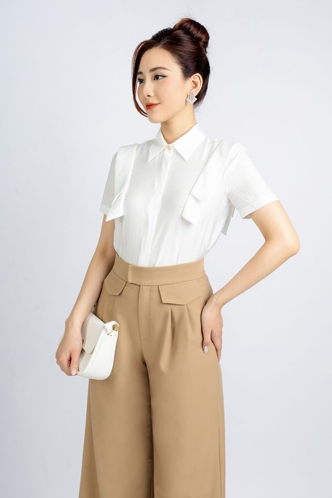 FAS33765 - Áo kiểu công sở vải tơ dáng suông cổ đức thân phối bèo tạo kiểu - PANTIO