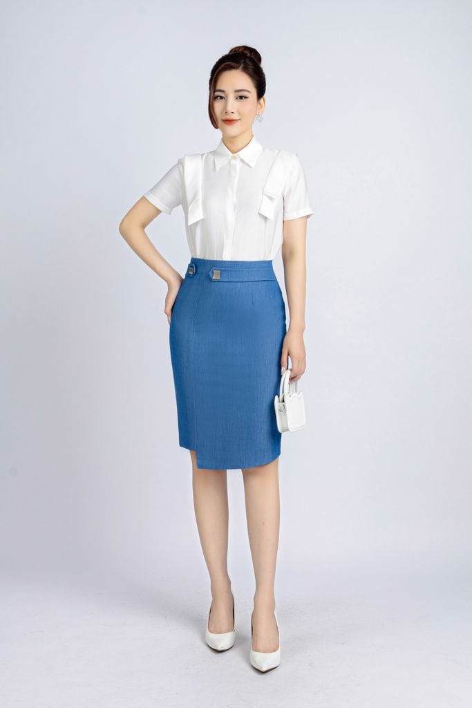 FJD5665 - Chân váy công sở vải denim dáng bút chì cạp phối đai đính cúc trang trí khoá thân sau - PANTIO