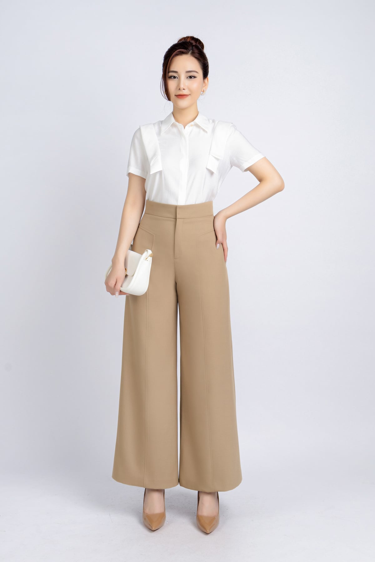 FQD51106 - Quần công sở vải thô dáng suông ống rộng thân diễu chỉ trang trí - PANTIO