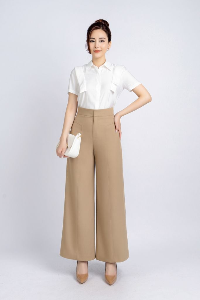 FQD51106 - Quần công sở vải thô dáng suông ống rộng thân diễu chỉ trang trí - PANTIO