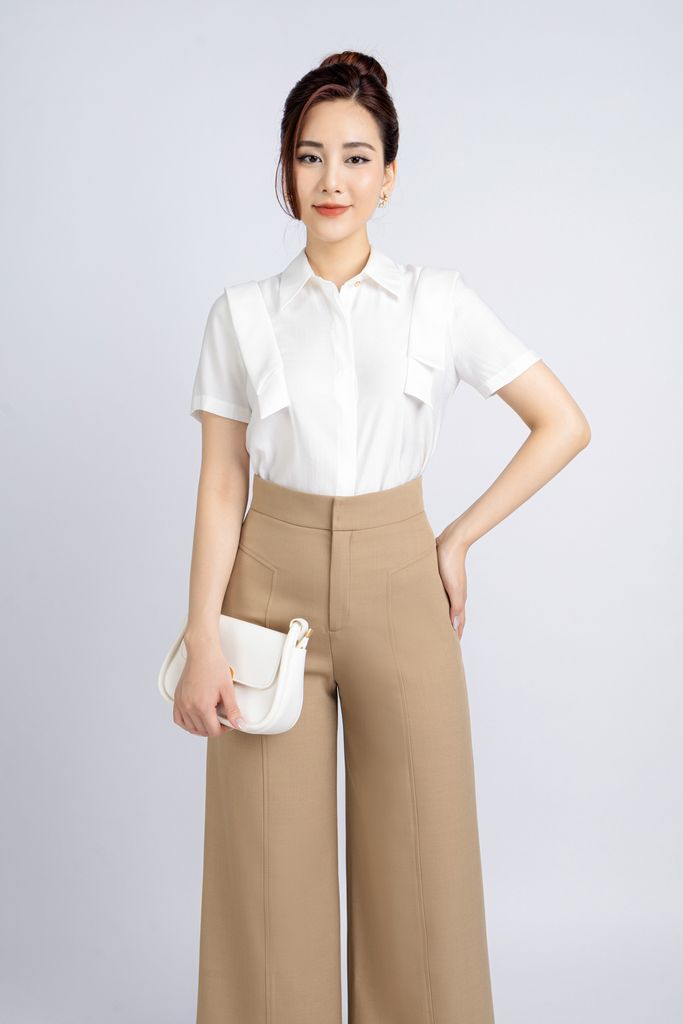 FAS33765 - Áo kiểu công sở vải tơ dáng suông cổ đức thân phối bèo tạo kiểu - PANTIO