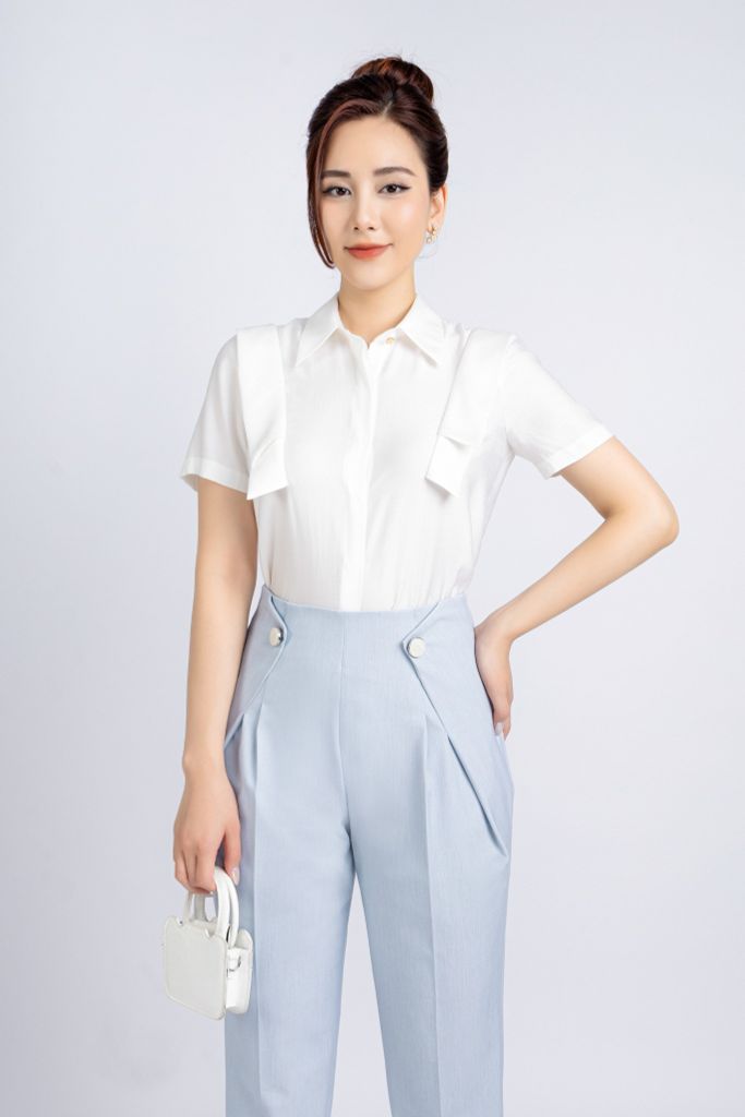 FQD51115 - Quần công sở vải denim dáng baggy hông phối vạt đính khuy tạo kiểu khoá thân sau - PANTIO