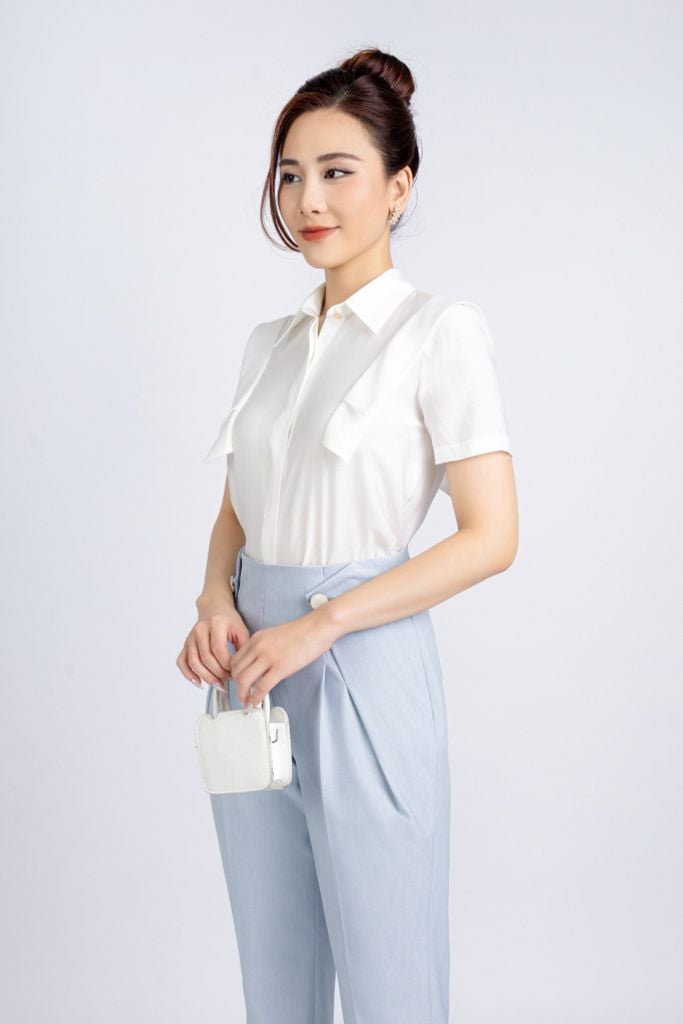 FQD51115 - Quần công sở vải denim dáng baggy hông phối vạt đính khuy tạo kiểu khoá thân sau - PANTIO