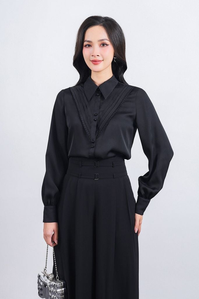 FQD51133 - Quần dài công sở vải tuyp xy dáng suông ống rộng cạp cao phối kim loại - PANTIO