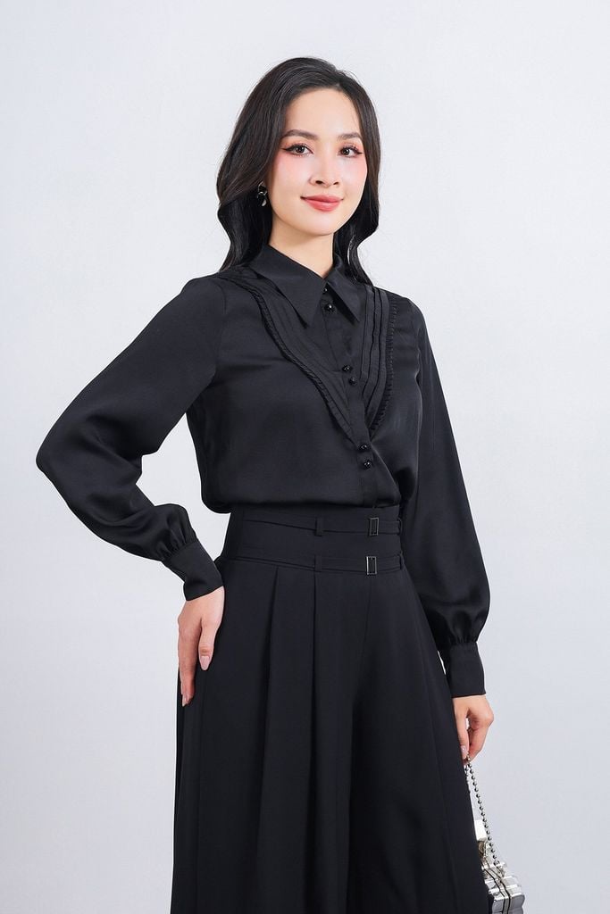 FAS33766 - Áo sơ mi công sở vải thô lụa dáng suông cổ đức tay măng sec ngực áo phối viền thời trang - PANTIO