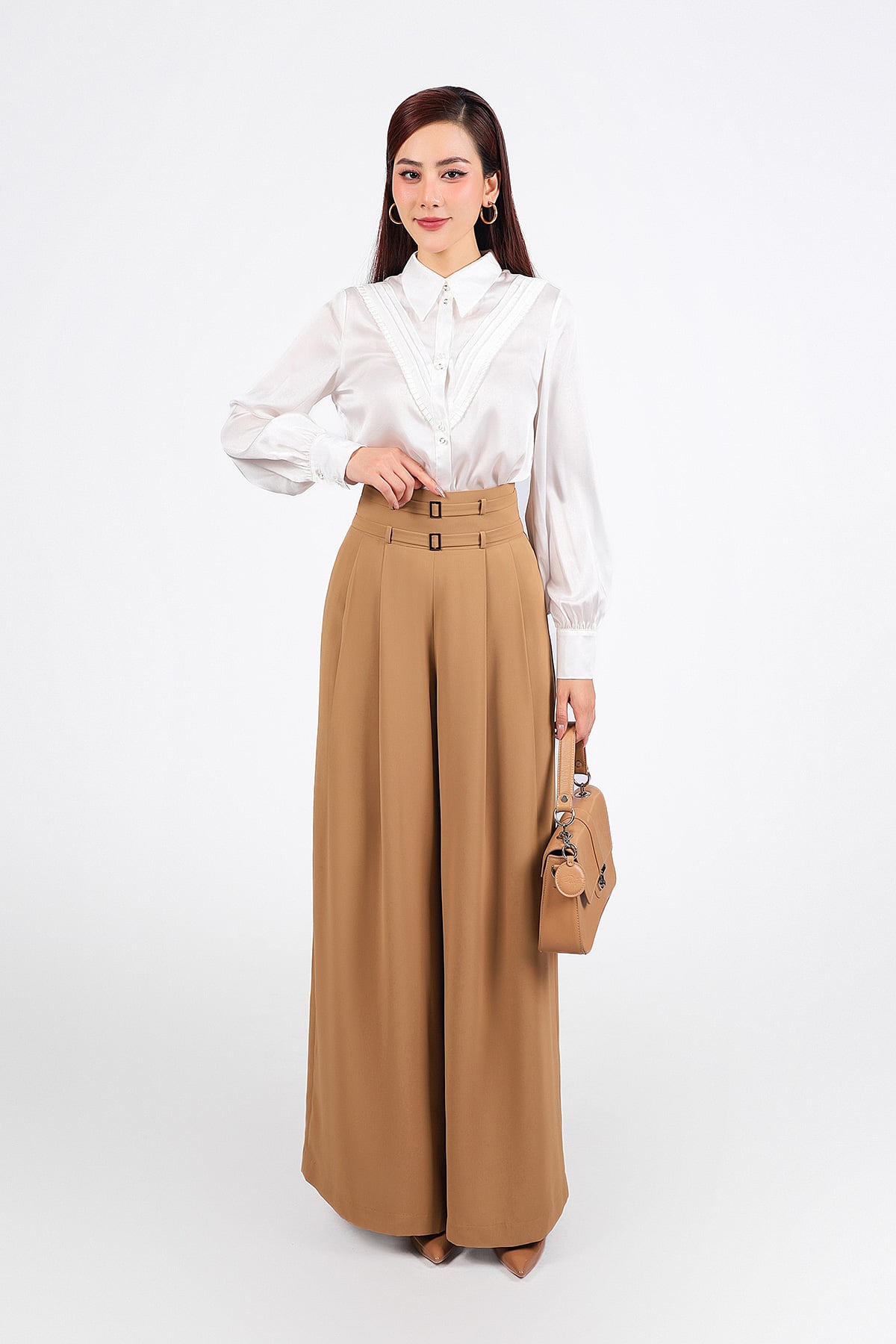 FAS33766 - Áo sơ mi công sở vải thô lụa dáng suông cổ đức tay măng sec ngực áo phối viền thời trang - PANTIO