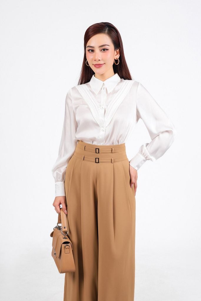 FQD51133 - Quần dài công sở vải tuyp xy dáng suông ống rộng cạp cao phối kim loại - PANTIO