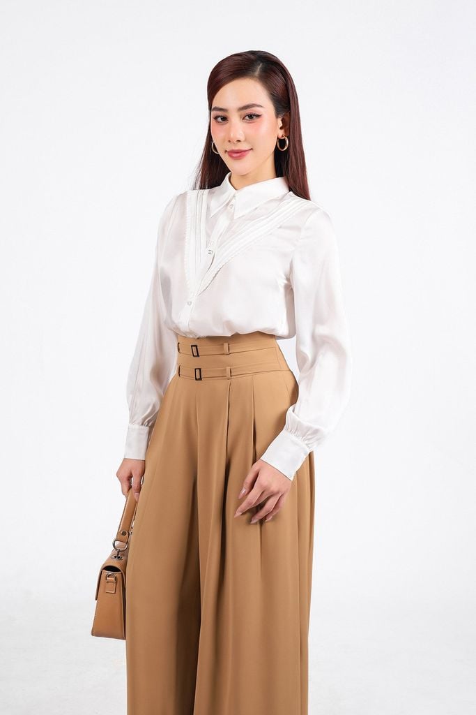 FAS33766 - Áo sơ mi công sở vải thô lụa dáng suông cổ đức tay măng sec ngực áo phối viền thời trang - PANTIO