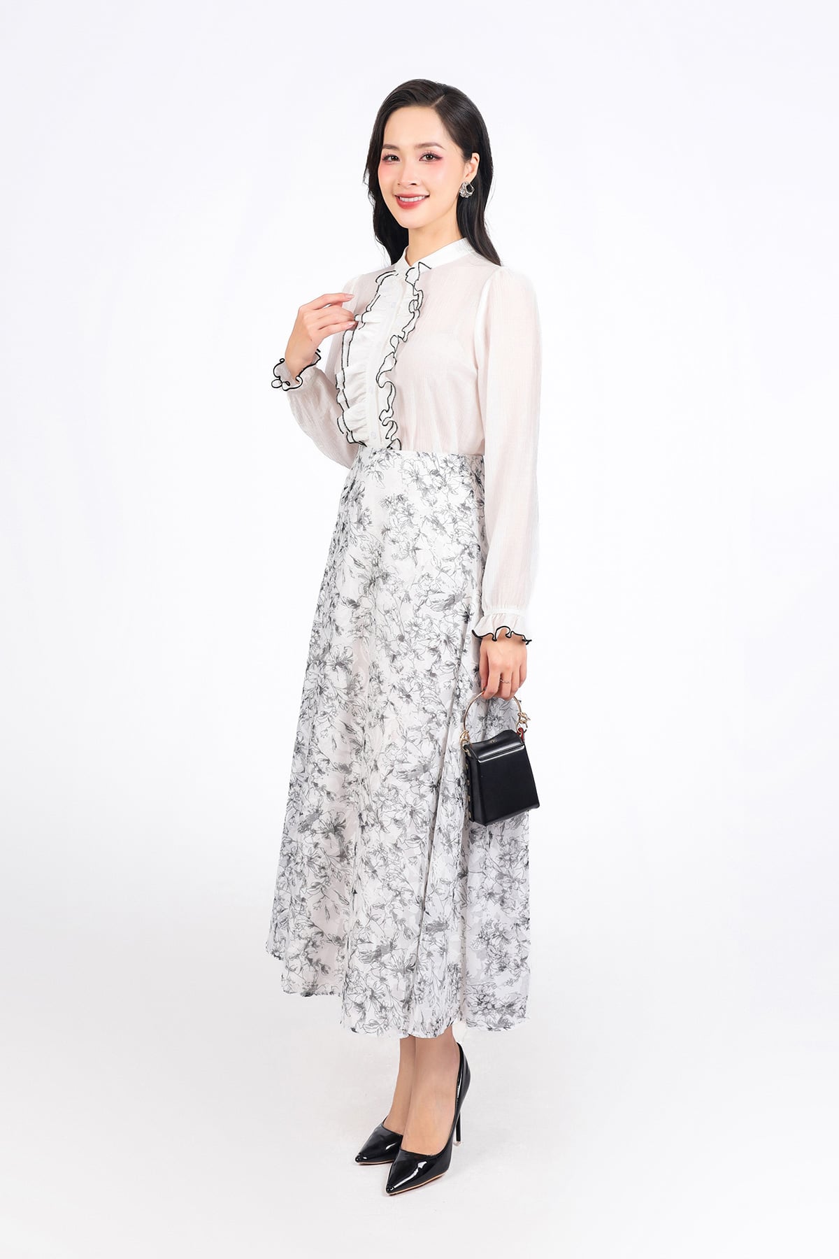 BJD13373 - Chân váy dài vải voan hoa dáng A thân váy phối ly bung tạo xoè khoá thân sau - PANTIO